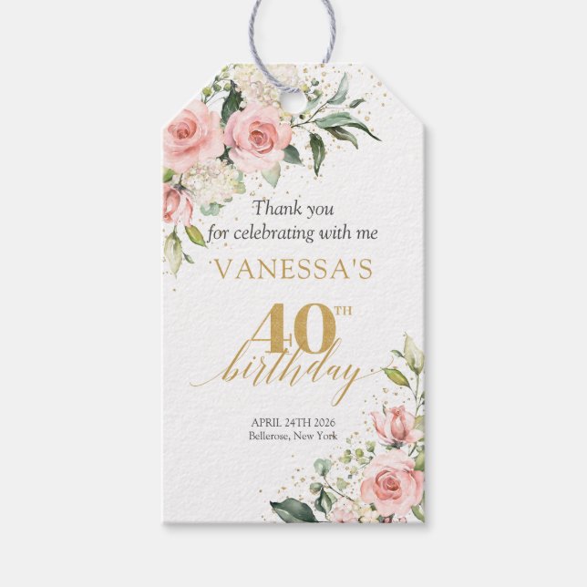 Étiquettes-cadeau Boho Blush or floral parties scintillant vert 40e  (Devant)