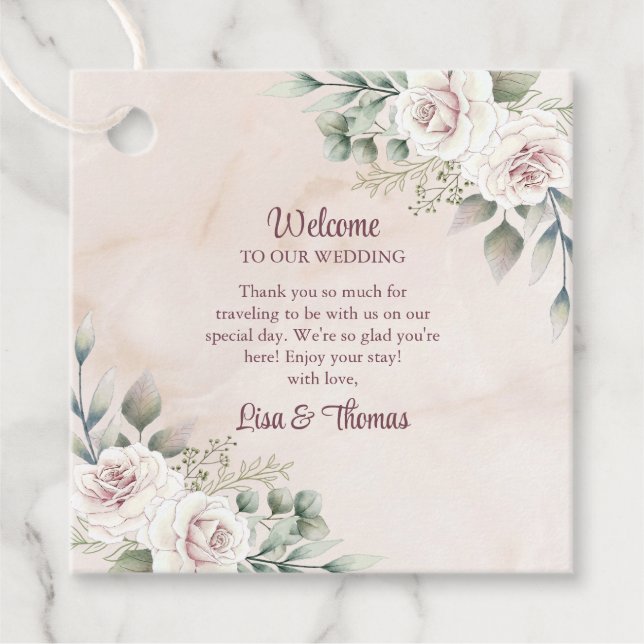 Étiquettes Cadeau Boho Blush Rose Roses Mariage Bienvenue (Devant)