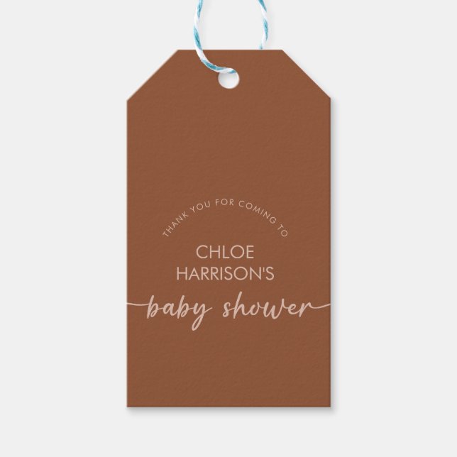 Étiquettes-cadeau Boho Brown Terracotta Baby shower Script beige (Devant)