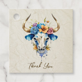 Étiquettes Cadeau Boho Chic Aquarelle Floral Vache Mariage crâne