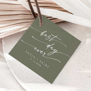 Étiquettes Cadeau Boho Chic Olive Vert Meilleur Jour Jamais Mariage