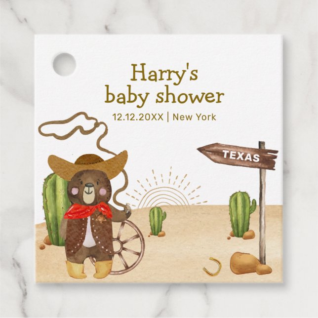 Étiquettes Cadeau Boho Cowboy Bear Western Rodeo Cactus Baby shower (Devant)