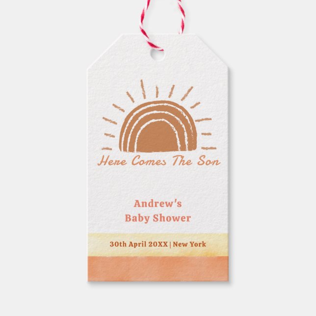 Étiquettes-cadeau Boho Desert Ici Vient Le Fils Bébé Douche (Devant)