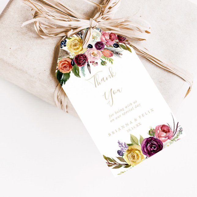 Étiquettes-cadeau Boho en plumes d'or Merci Mariage tropical (Créateur téléchargé)