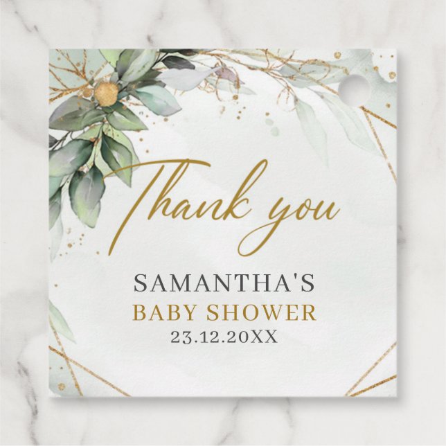 Étiquettes Cadeau Boho Eucalyptus verdure branches baby shower or (Dos)