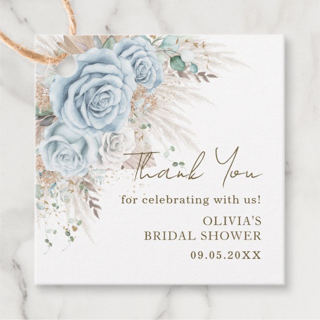 Étiquettes Cadeau Boho Fête de Mariage Fleurie Bleue Pastel avec Her (Devant)