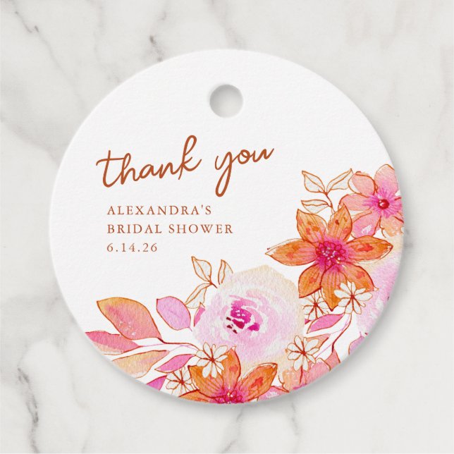 Étiquettes Cadeau Boho Fleurs Rose Orange Douche Merci (Devant)