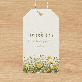 Étiquettes-cadeau Boho Fleurs sauvages jaunes, Olive Merci personnal