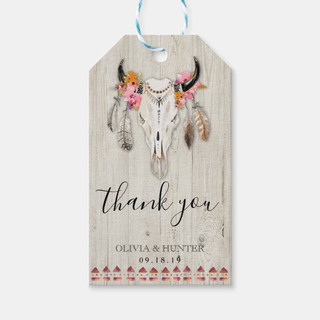 Étiquettes-cadeau Boho Floral Antlers Crâne Bois Merci Mariage (Devant)
