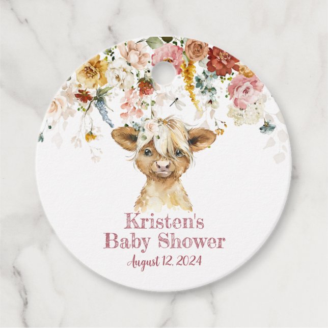 Étiquettes Cadeau Boho Floral Highland Vache Cadeau (Devant)