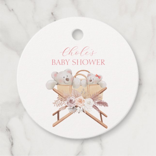 Étiquettes Cadeau Boho Floral Ours Bassinet Baby shower fille (Devant)