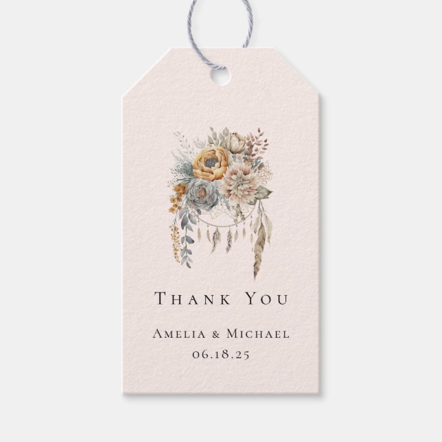 Étiquettes-cadeau Boho Flowers and Dreamcatcher - Merci Mariage (Devant)
