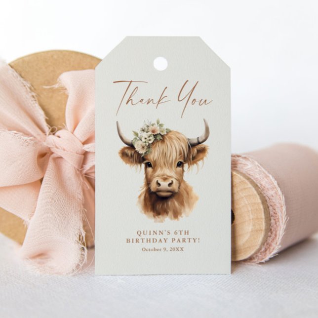 Étiquettes-cadeau Boho Highland Cow Anniversaire de enfant Party Fav (Boho Highland Cow Girls Kids Birthday Party Thank You Favor Tags.)