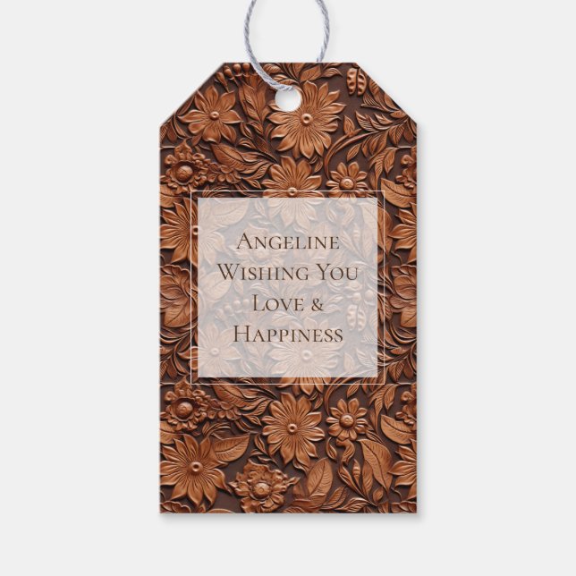 Étiquettes-cadeau Boho Marron Faux Cuir Floral Baby Shower (Devant)