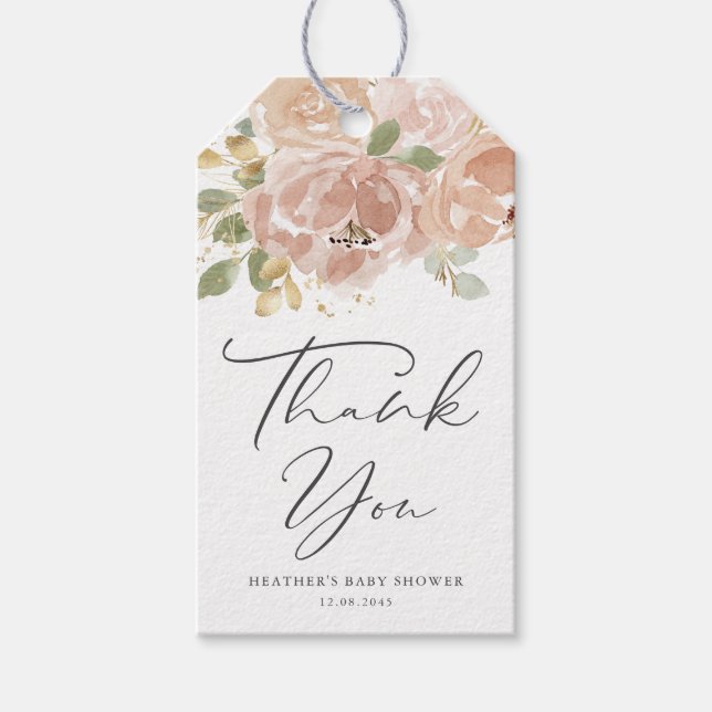 Étiquettes-cadeau Boho Mauve Peach Flowers Baby shower Merci (Devant)