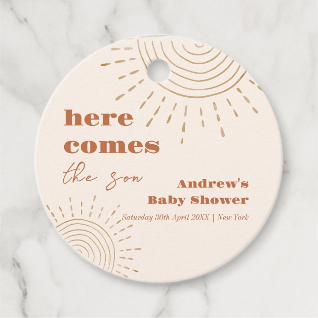 Étiquettes Cadeau Boho Moderne Ici Vient Le Baby shower Fils (Devant)