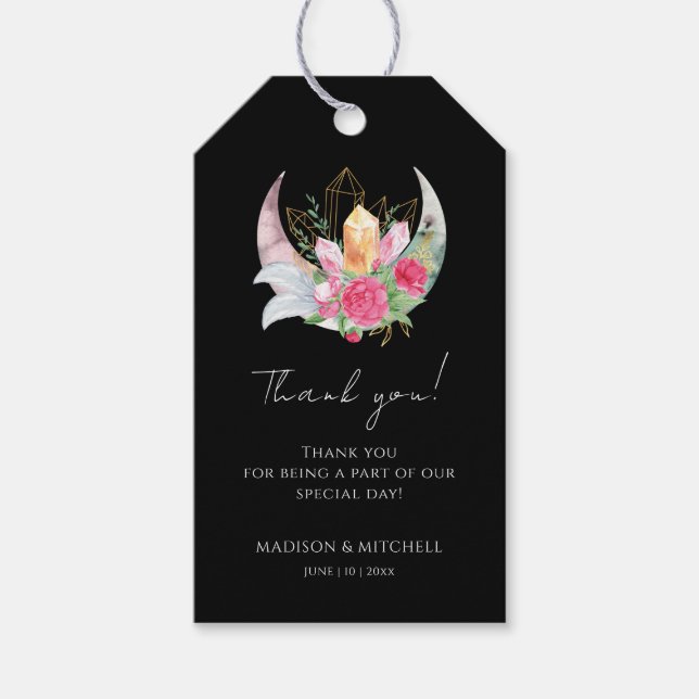 Étiquettes-cadeau Boho Moon Crystals Plumes rose Fleurs Mariage (Devant)