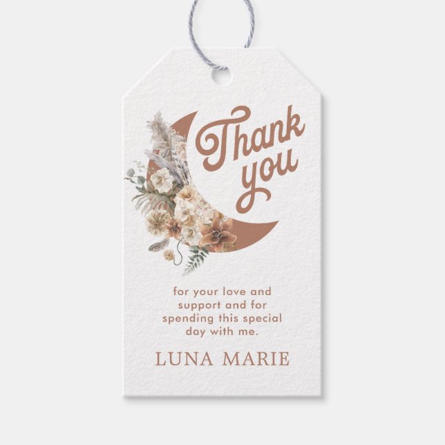 Étiquettes-cadeau Boho Moon Sexe Baby shower Neutre Favoriser (Devant)