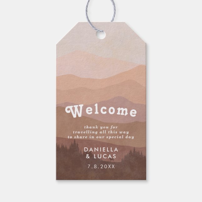 Étiquettes-cadeau Boho Mountains Retro rose Mariage Bienvenue (Devant)