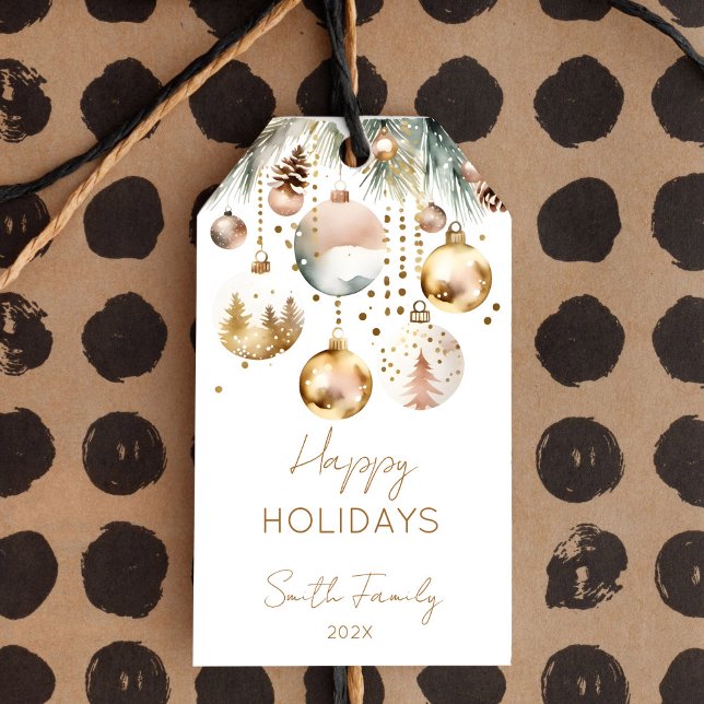 Étiquettes-cadeau Boho Noël Pins neige baubles or (Boho Christmas holiday snowy pines gold baubles Gift Tags watercolor pines gold baubles gift tags)