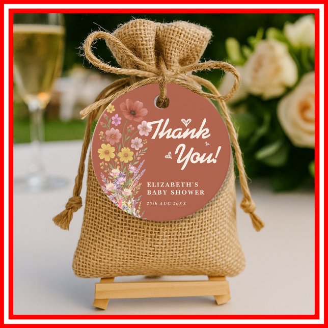 Étiquettes Cadeau Boho Orange Brûlé | Fleur Sauvage (Créateur téléchargé)