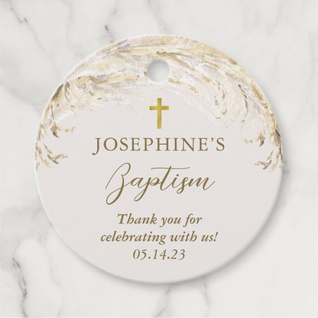 Étiquettes Cadeau Boho Pampas Grass Moderne Baptême (Devant)