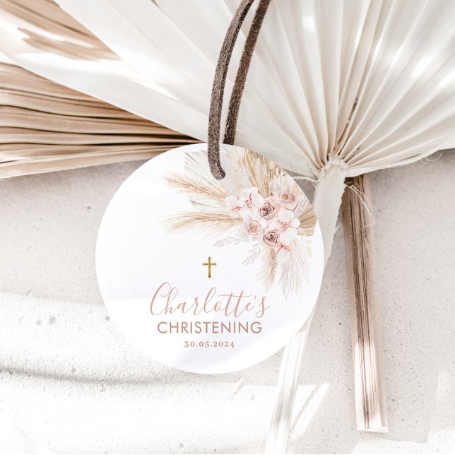 Étiquettes Cadeau Boho Pampas Rose Girl Floral Baptism Christening (Créateur téléchargé)