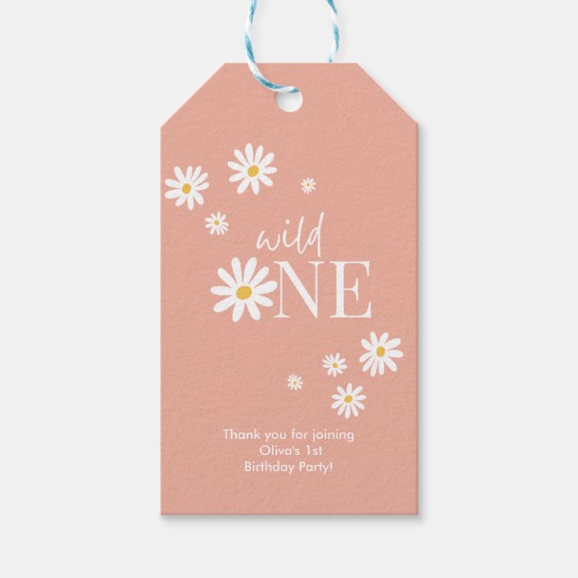 Étiquettes-cadeau Boho Pink Daisy Wild Un 1er anniversaire (Devant)