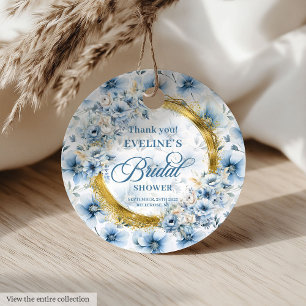 Étiquettes Cadeau Boho Poussiéreux Bleu Or Paillettes Fleurs Mariage