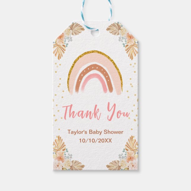 Étiquettes-cadeau Boho Rainbow Baby shower rose Merci (Devant)