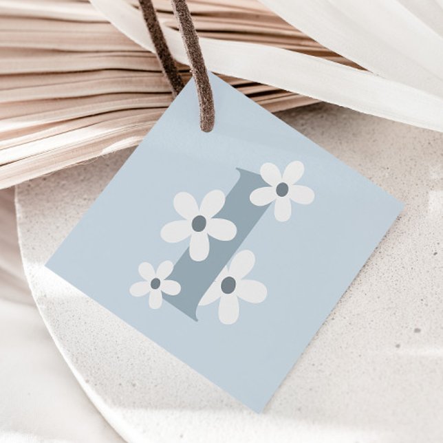 Étiquettes Cadeau Boho Retro Blue Daisy 1er anniversaire Super (Créateur téléchargé)