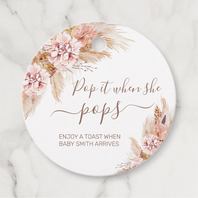 Étiquettes Cadeau Boho rose Floral Pampas Grass Pop it When She Pops (Devant)