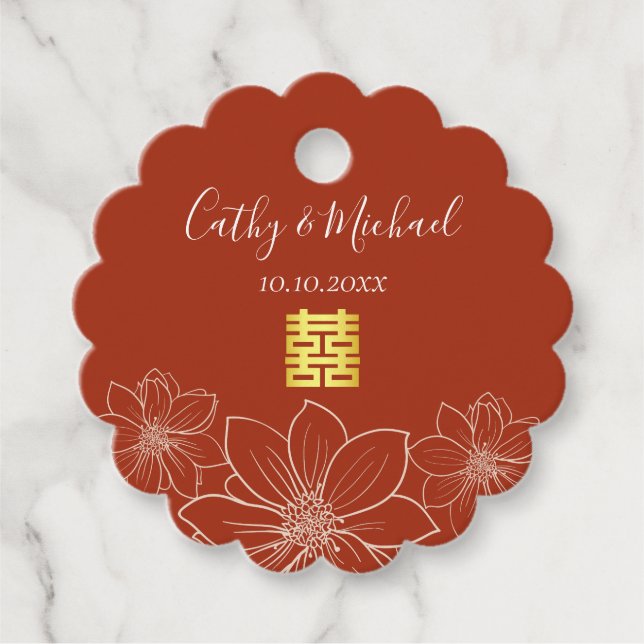 Étiquettes Cadeau Boho rouge moderne floral mariage chinois (Devant)