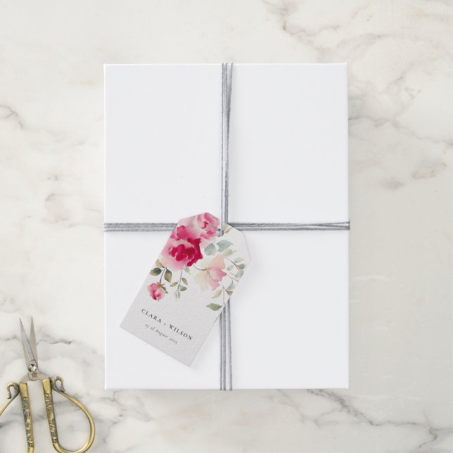 Étiquettes-cadeau Boho Rouge Rose Fleurs Mariage d'aquarelle (Avec de la ficelle)