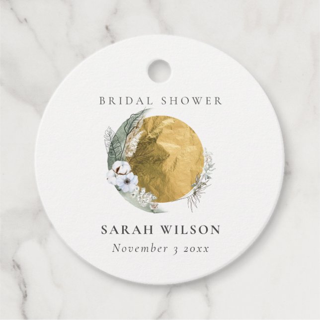 Étiquettes Cadeau Boho Saga Gold Couronne de fleurs vertes Baby Show (Devant)