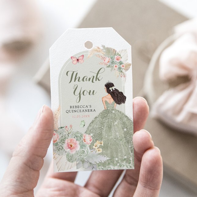 Étiquettes-cadeau Boho Sage Green Blush Rose Quinceañera Merci (Créateur téléchargé)
