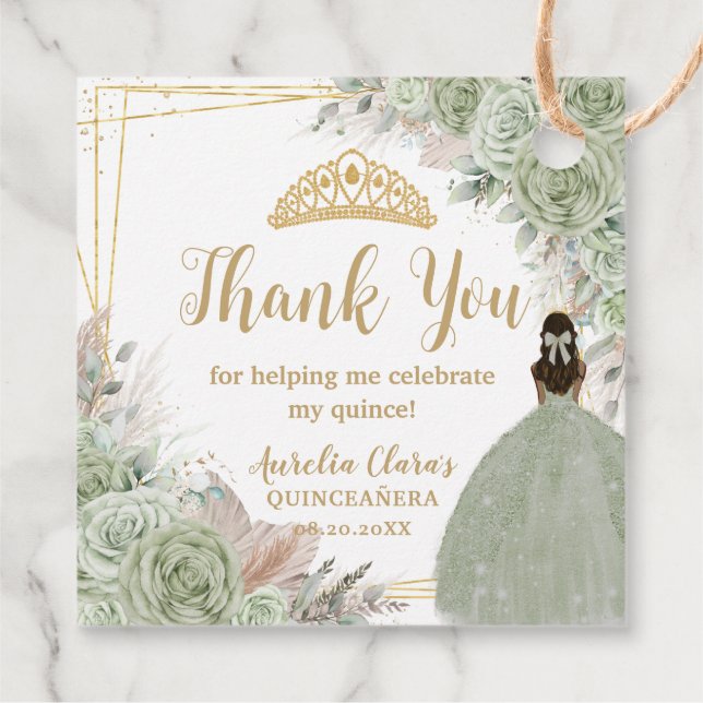Étiquettes Cadeau Boho Sage Green Floral Pampas Quinceañera Princess (Dos)