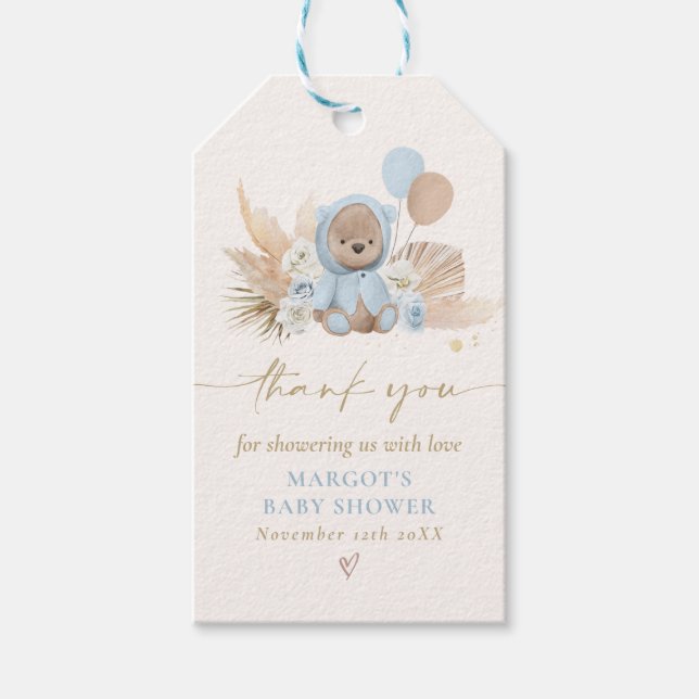 Étiquettes-cadeau Boho Teddy Bear Bleu Bearly Wait Baby shower (Devant)