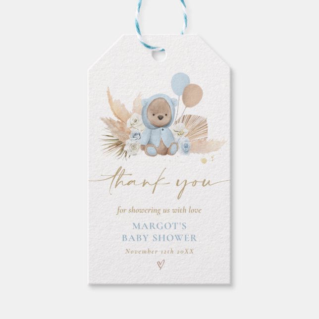 Étiquettes-cadeau Boho Teddy Bear Bleu Bearly Wait Baby shower Favor (Devant)