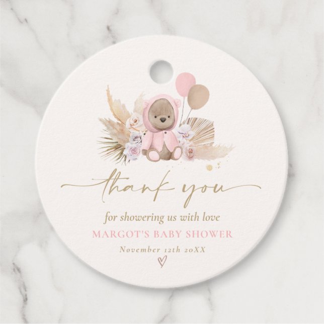 Étiquettes Cadeau Boho Teddy Bear Rose Bearly Wait Baby shower (Devant)
