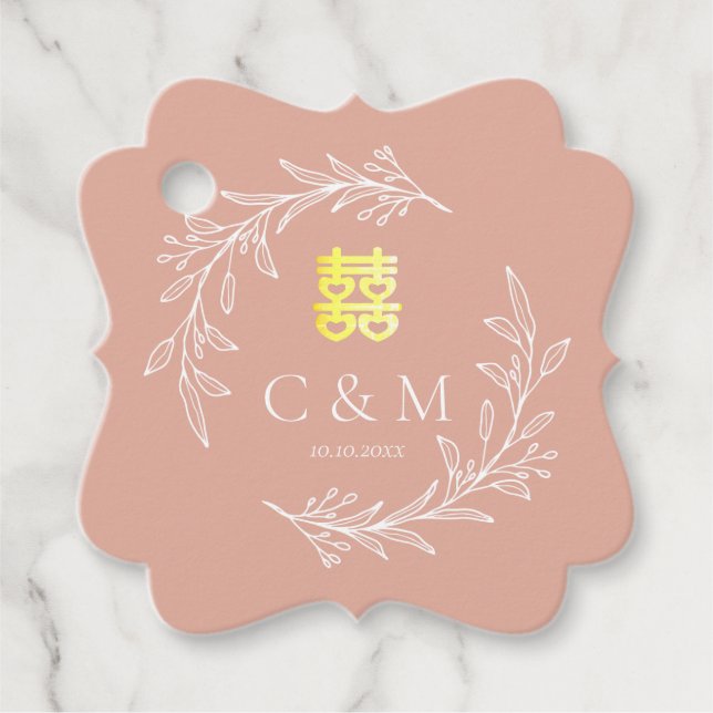 Étiquettes Cadeau Boho teintée feuille rose vermeil mariage chinois  (Devant)