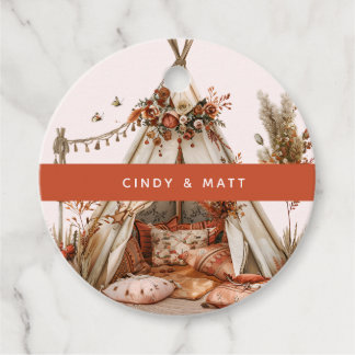 Étiquettes Cadeau Boho Tente Avec Fleurs & Plumes Mariage