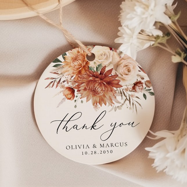 Étiquettes Cadeau Boho Terracotta Dahlia Rose Merci Mariage (Créateur téléchargé)