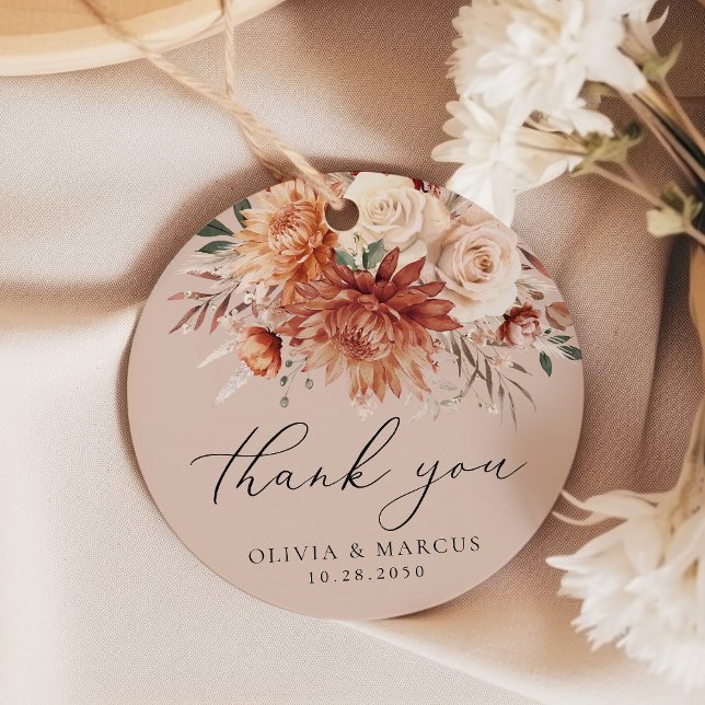 Étiquettes Cadeau Boho Terracotta Dahlia Rose Merci Mariage (Créateur téléchargé)