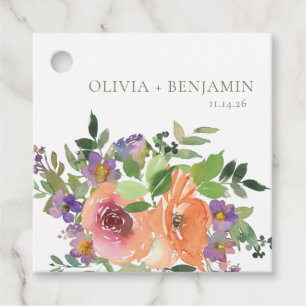 Étiquettes Cadeau Boho Watercolor Purple Orange Floral Noms Mariages