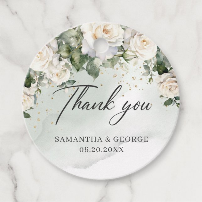 Étiquettes Cadeau Boho White Roses mariage vert et or (Devant)