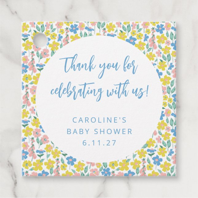 Étiquettes Cadeau Boho Yellow Ditsy Floral Baby shower personnalisé  (Devant)