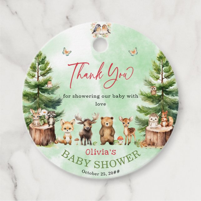 Étiquettes Cadeau Bois Animaux Baby shower de fleurs de baies (Devant)