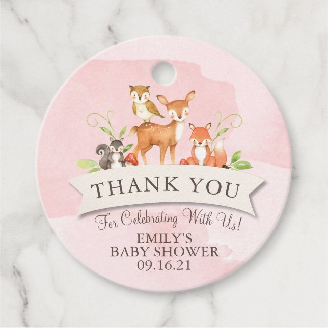 Étiquettes Cadeau Bois Animaux Merci Fille Baby shower rose F (Devant)
