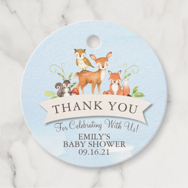 Étiquettes Cadeau Bois Animaux Merci Garçon Baby shower bleu (Devant)